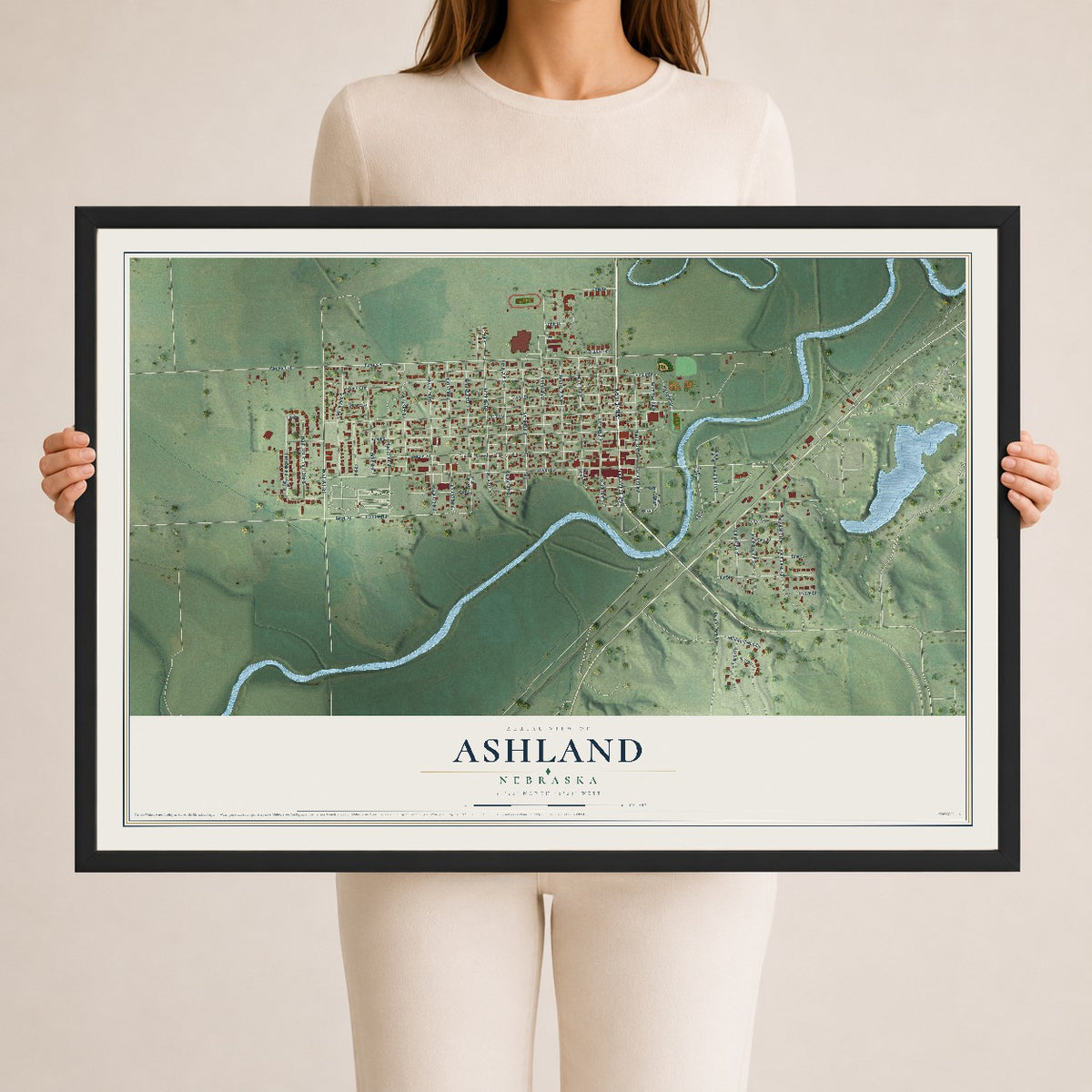Map of Ashland, Nebraska, 24 x 36 inch print in a black wood frame