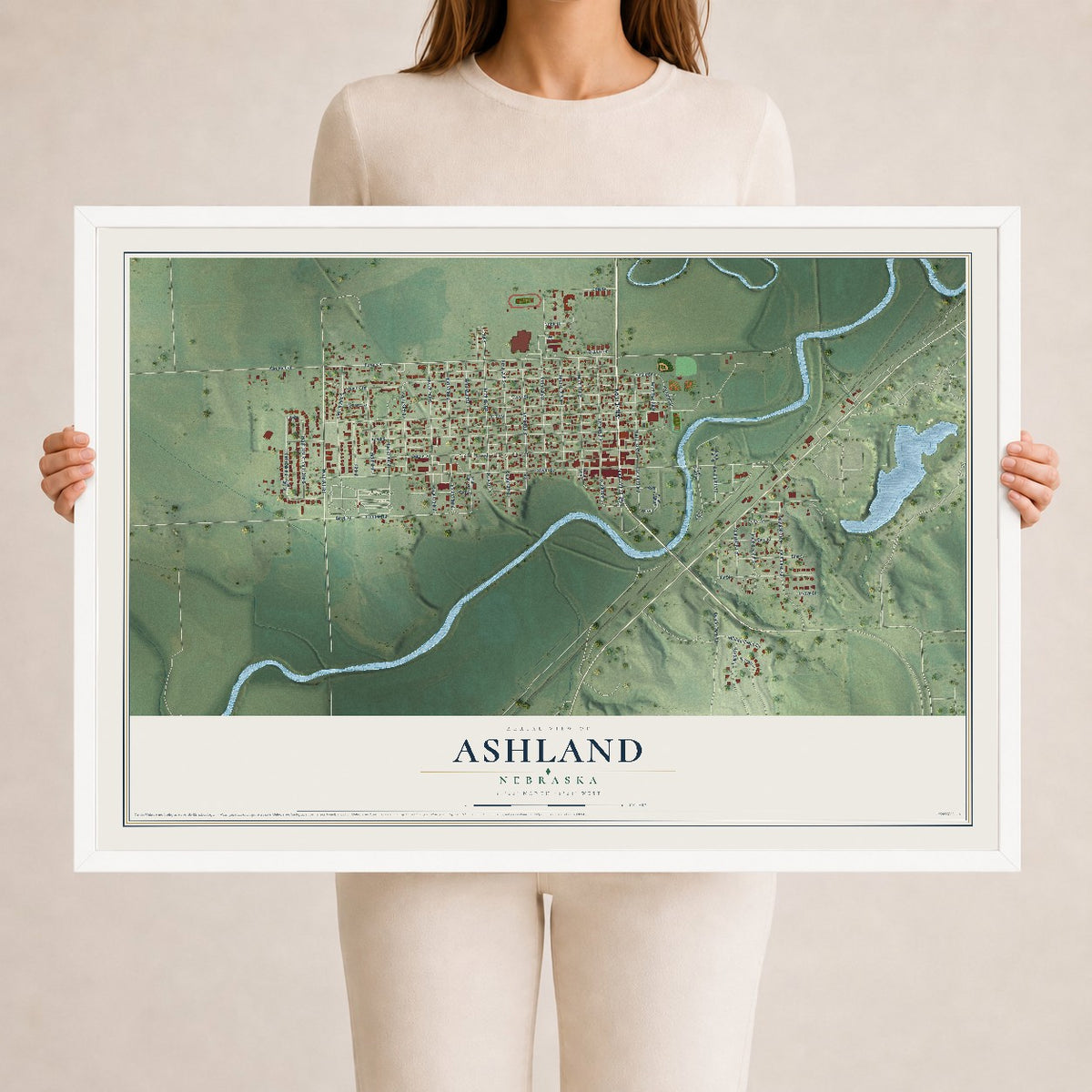 Map of Ashland, Nebraska, 24 x 36 inch print in a white wood frame