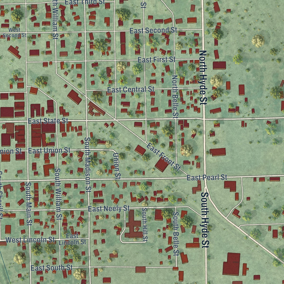 Close-up of the map of Atkinson, Nebraska print showing street and building detail