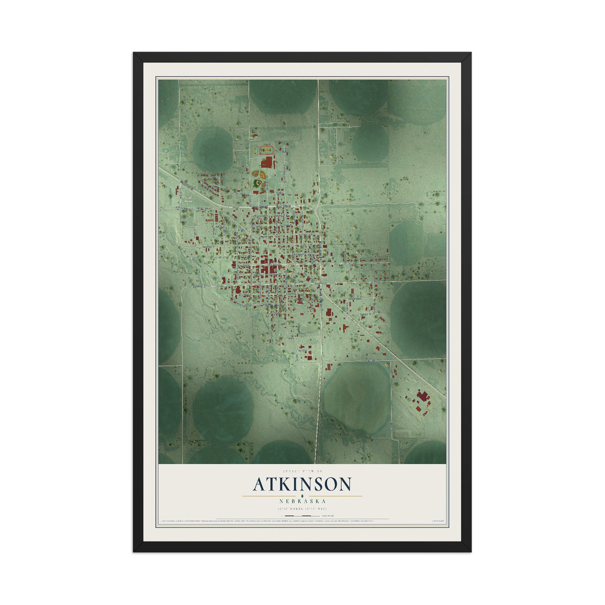 Map of Atkinson, Nebraska, 12 x 18 inch print in a black wood frame