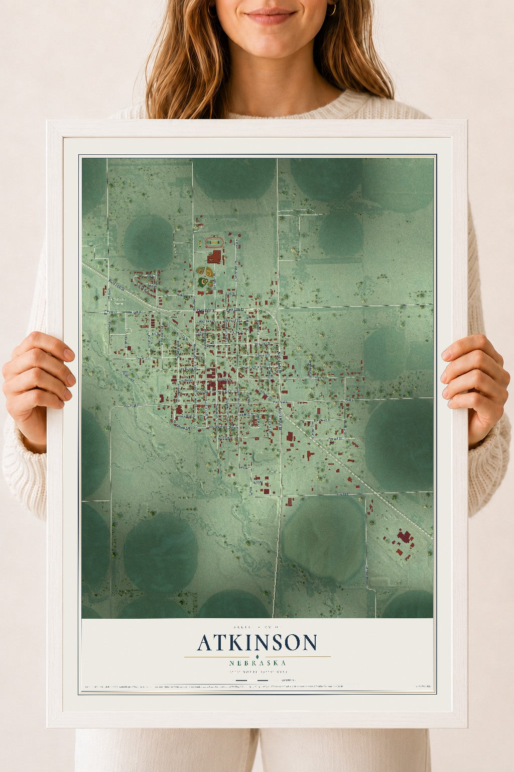 Map of Atkinson, Nebraska, 18 x 24 inch print in a white wood frame