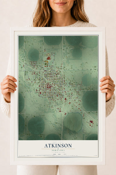 Map of Atkinson, Nebraska, 18 x 24 inch print in a white wood frame