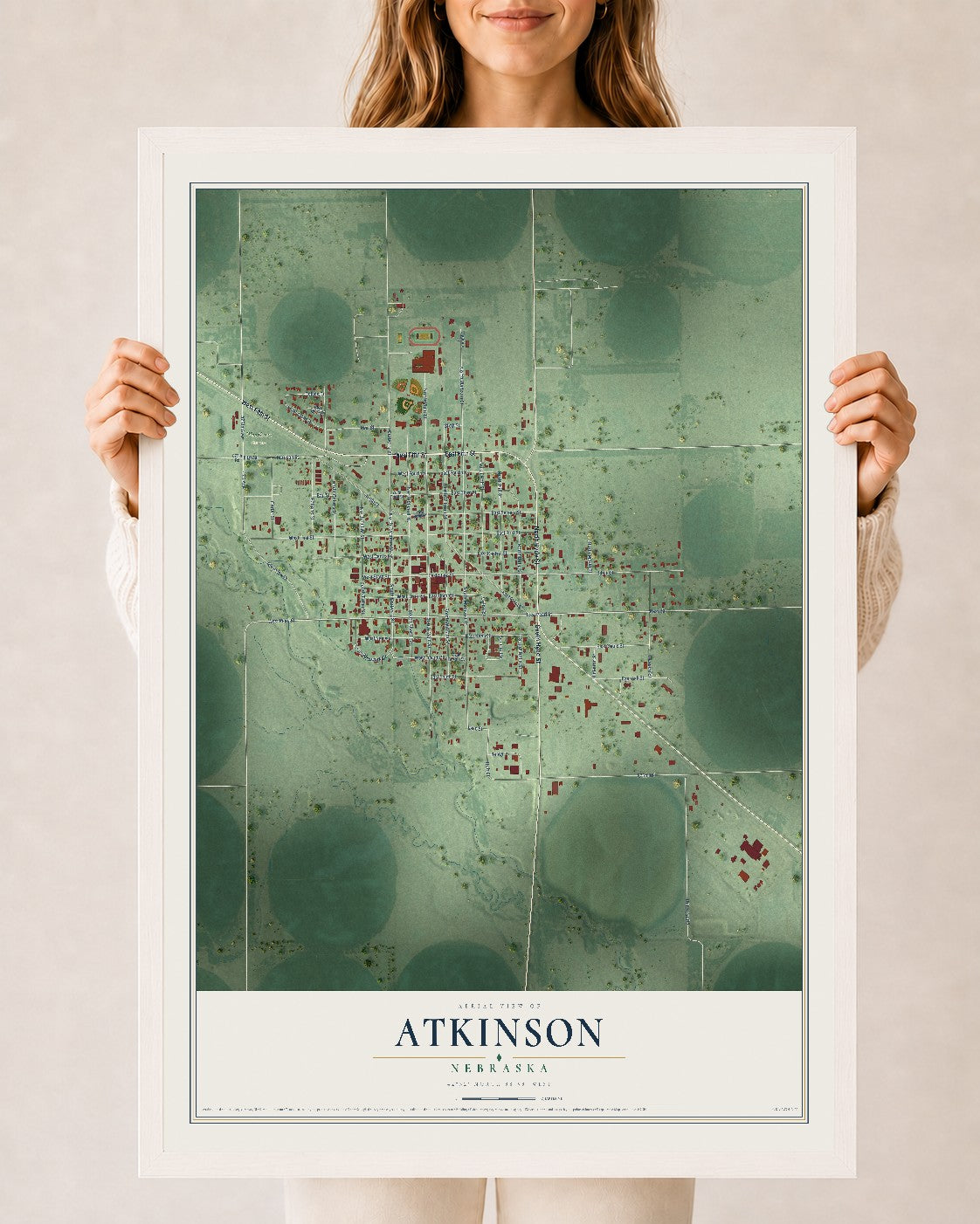 Map of Atkinson, Nebraska, 24 x 36 inch print in a white wood frame