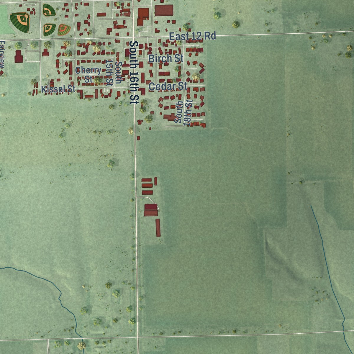 Second close-up of the map of Aurora, Nebraska print showing more streets and buildings