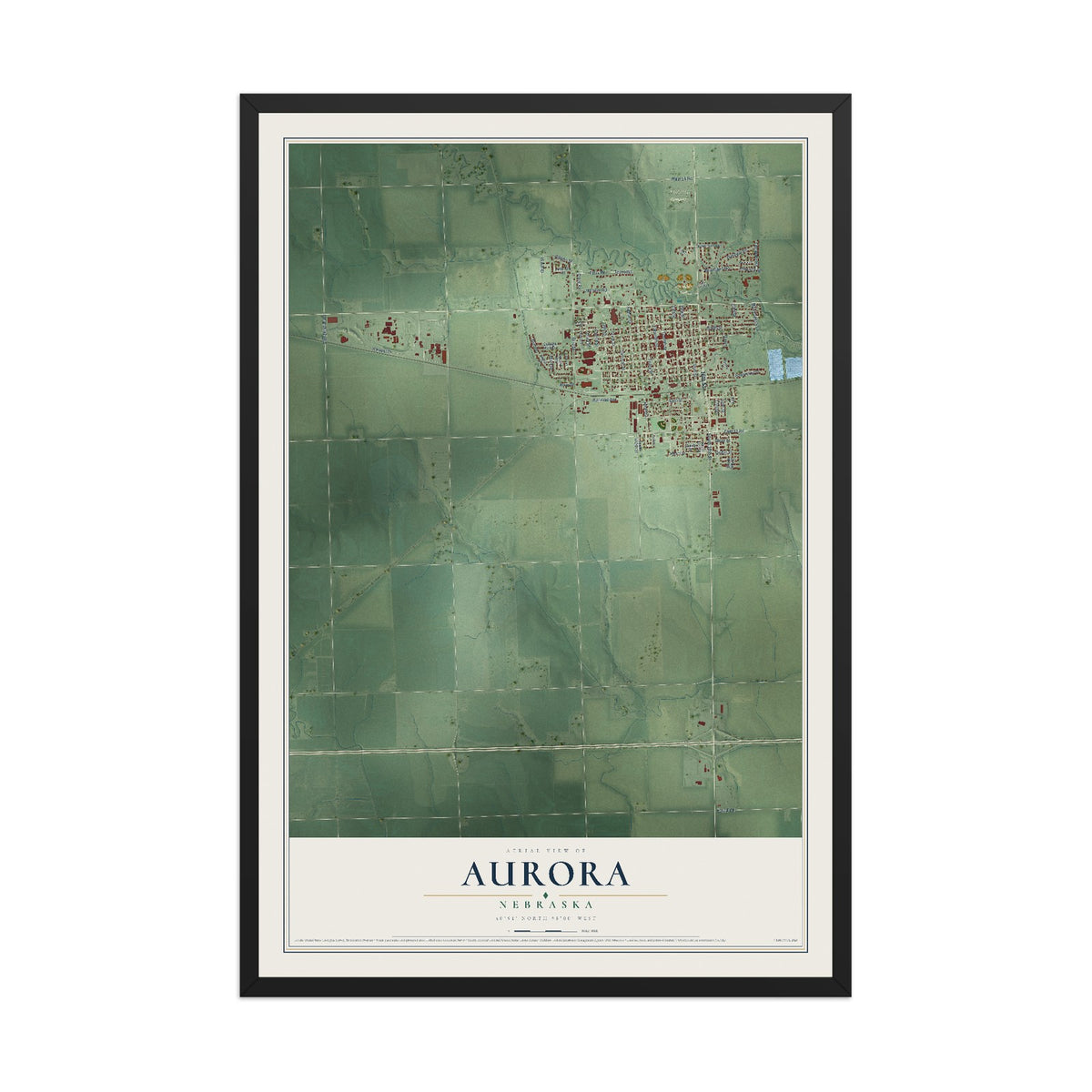 Map of Aurora, Nebraska, 12 x 18 inch print in a black wood frame