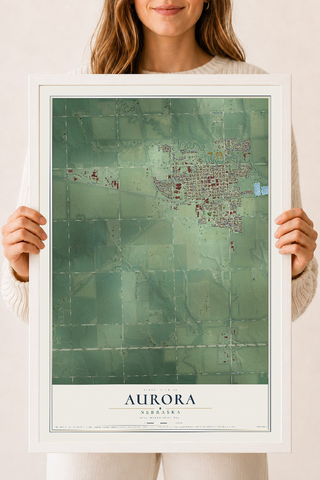 Map of Aurora, Nebraska, 18 x 24 inch print in a white wood frame