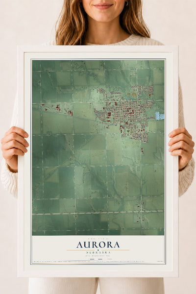 Map of Aurora, Nebraska, 18 x 24 inch print in a white wood frame