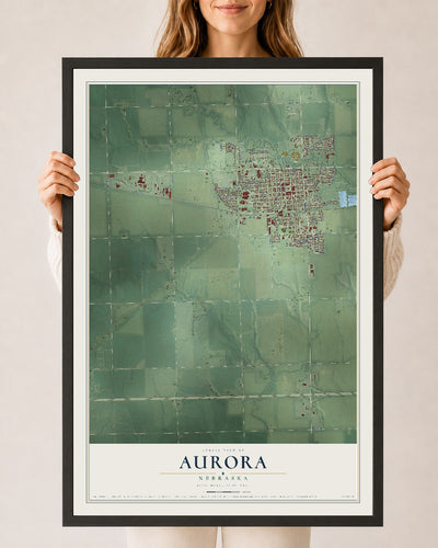 Map of Aurora, Nebraska, 24 x 36 inch print in a black wood frame