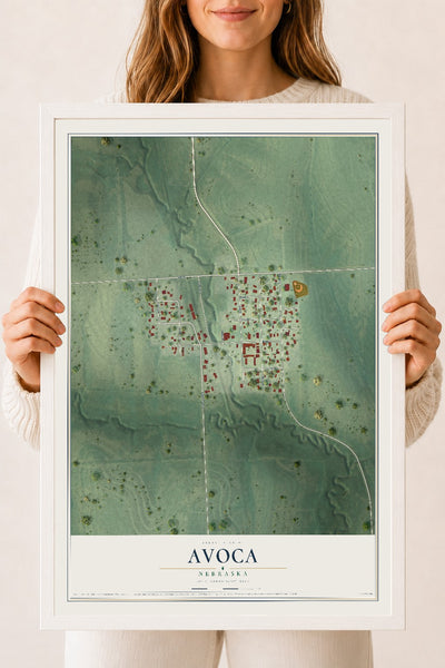Map of Avoca, Nebraska, 18 x 24 inch print in a white wood frame