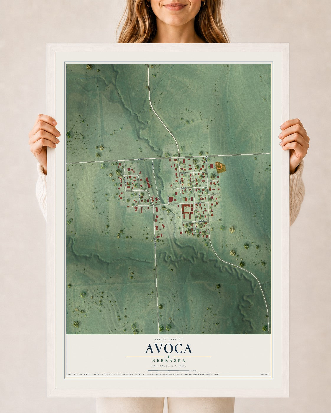 Map of Avoca, Nebraska, 24 x 36 inch print in a white wood frame