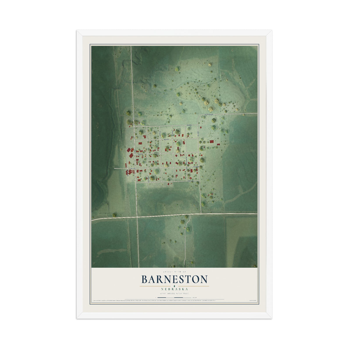 Map of Barneston, Nebraska, 12 x 18 inch print in a white wood frame