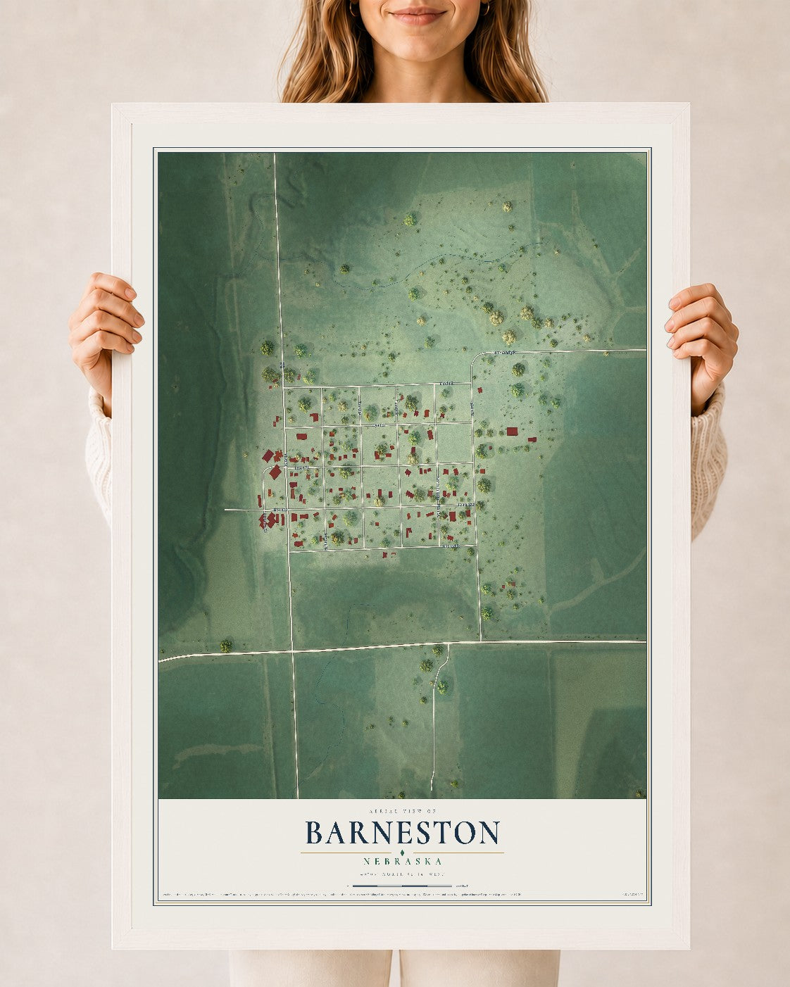 Map of Barneston, Nebraska, 24 x 36 inch print in a white wood frame