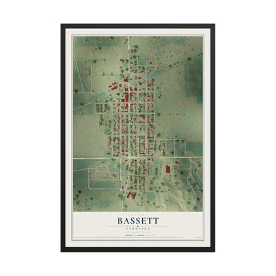 Map of Bassett, Nebraska, 12 x 18 inch print in a black wood frame