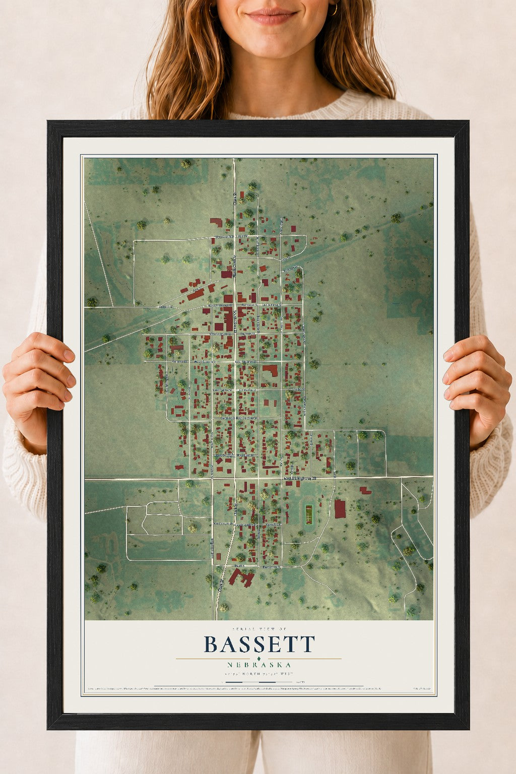 Map of Bassett, Nebraska, 18 x 24 inch print in a black wood frame