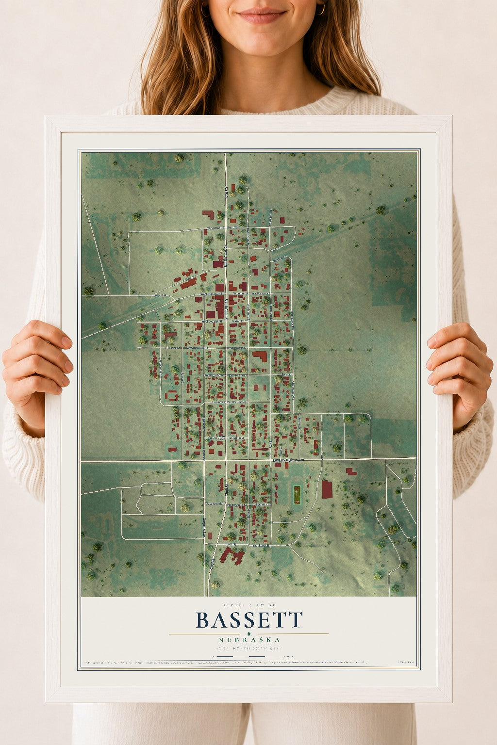 Map of Bassett, Nebraska, 18 x 24 inch print in a white wood frame