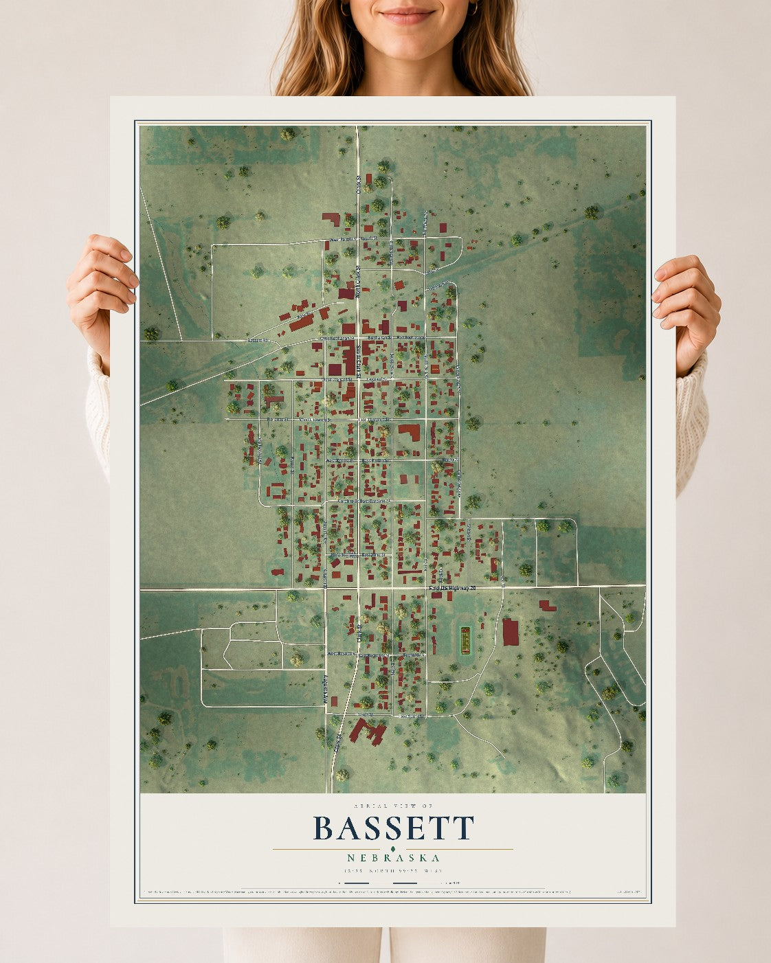 Map of Bassett, Nebraska, 24 x 36 inch unframed archival matte print