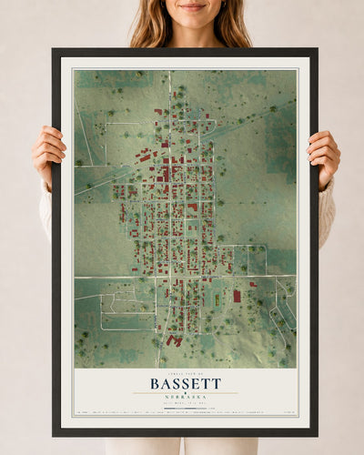 Map of Bassett, Nebraska, 24 x 36 inch print in a black wood frame