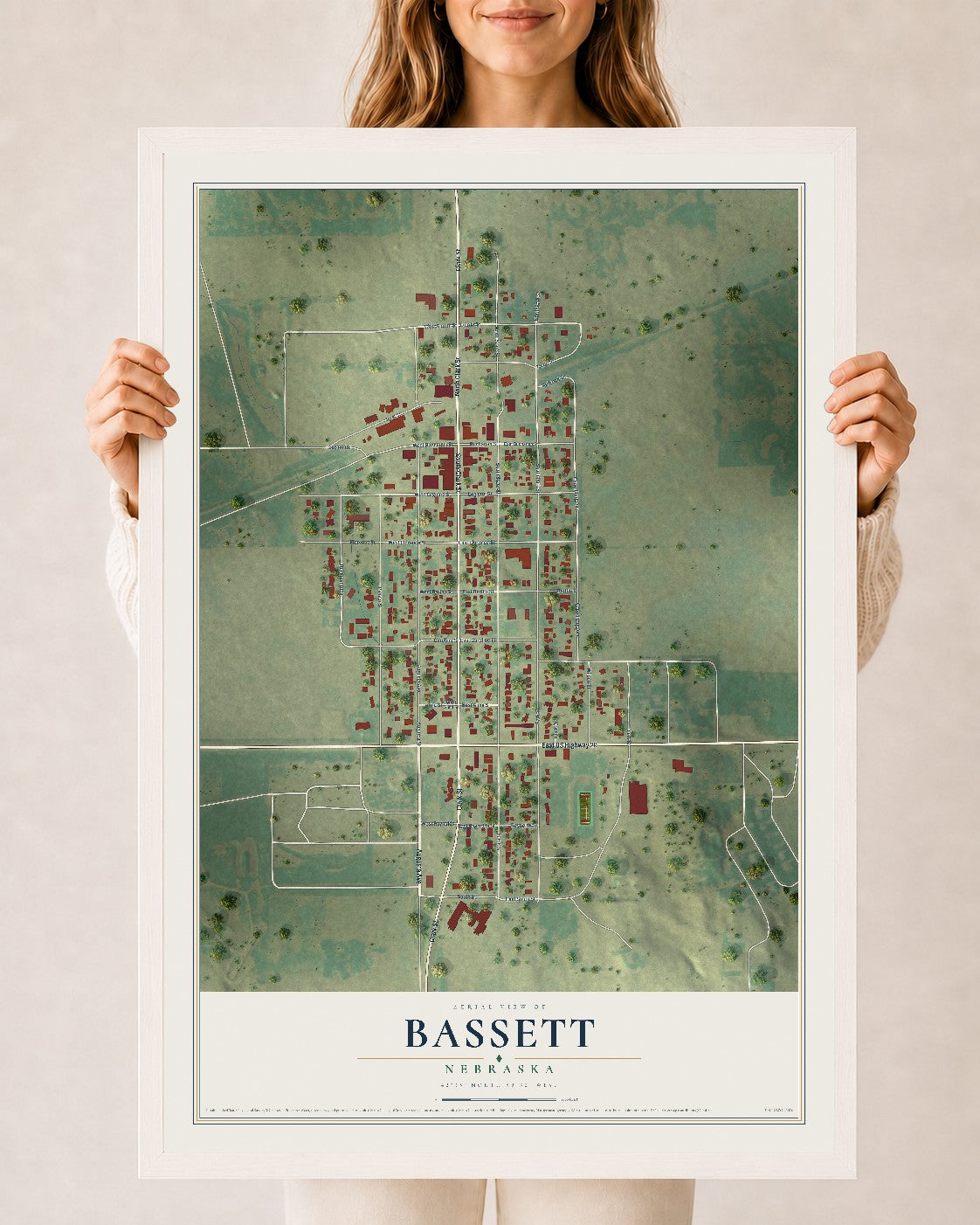 Map of Bassett, Nebraska, 24 x 36 inch print in a white wood frame