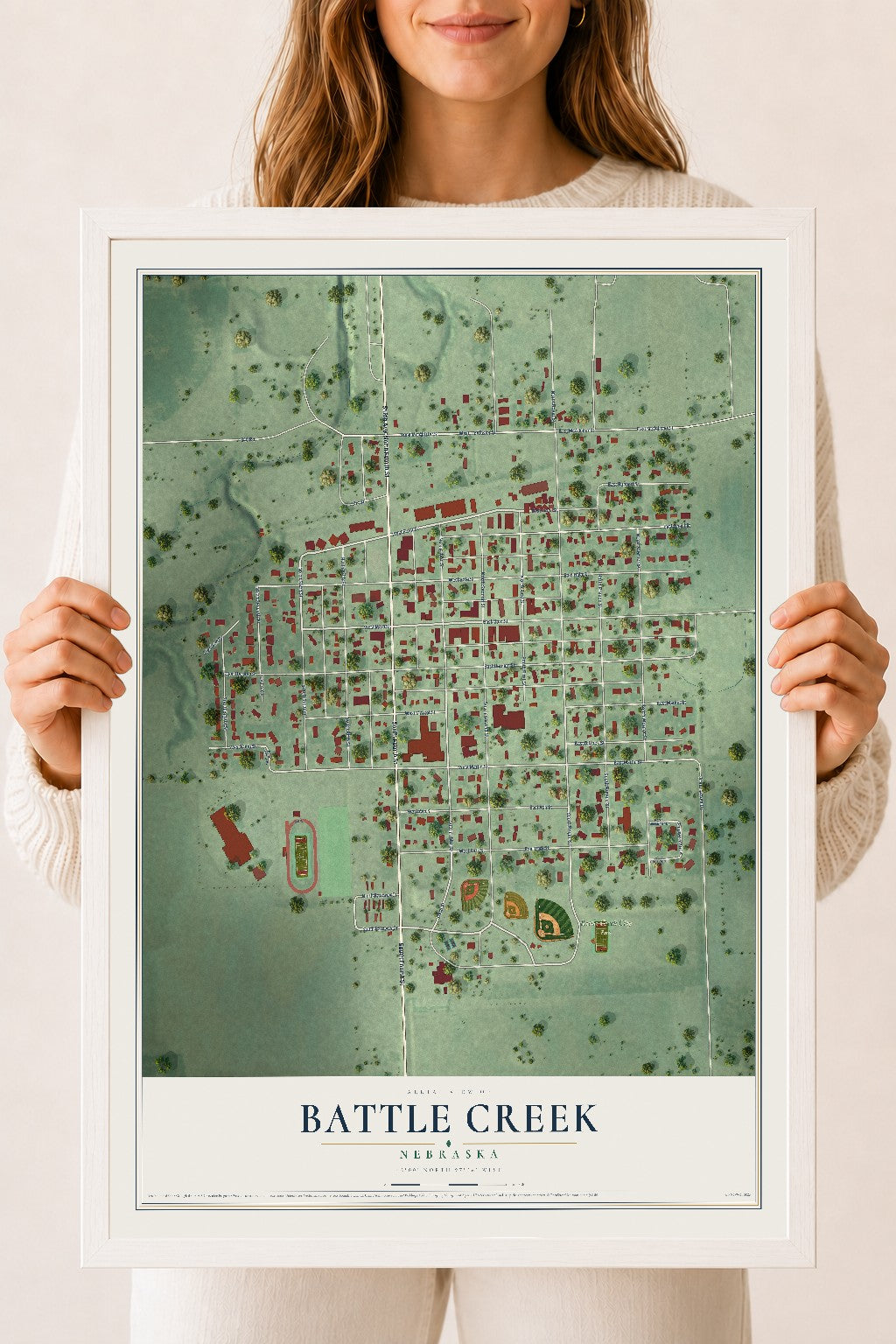 Map of Battle Creek, Nebraska, 18 x 24 inch print in a white wood frame