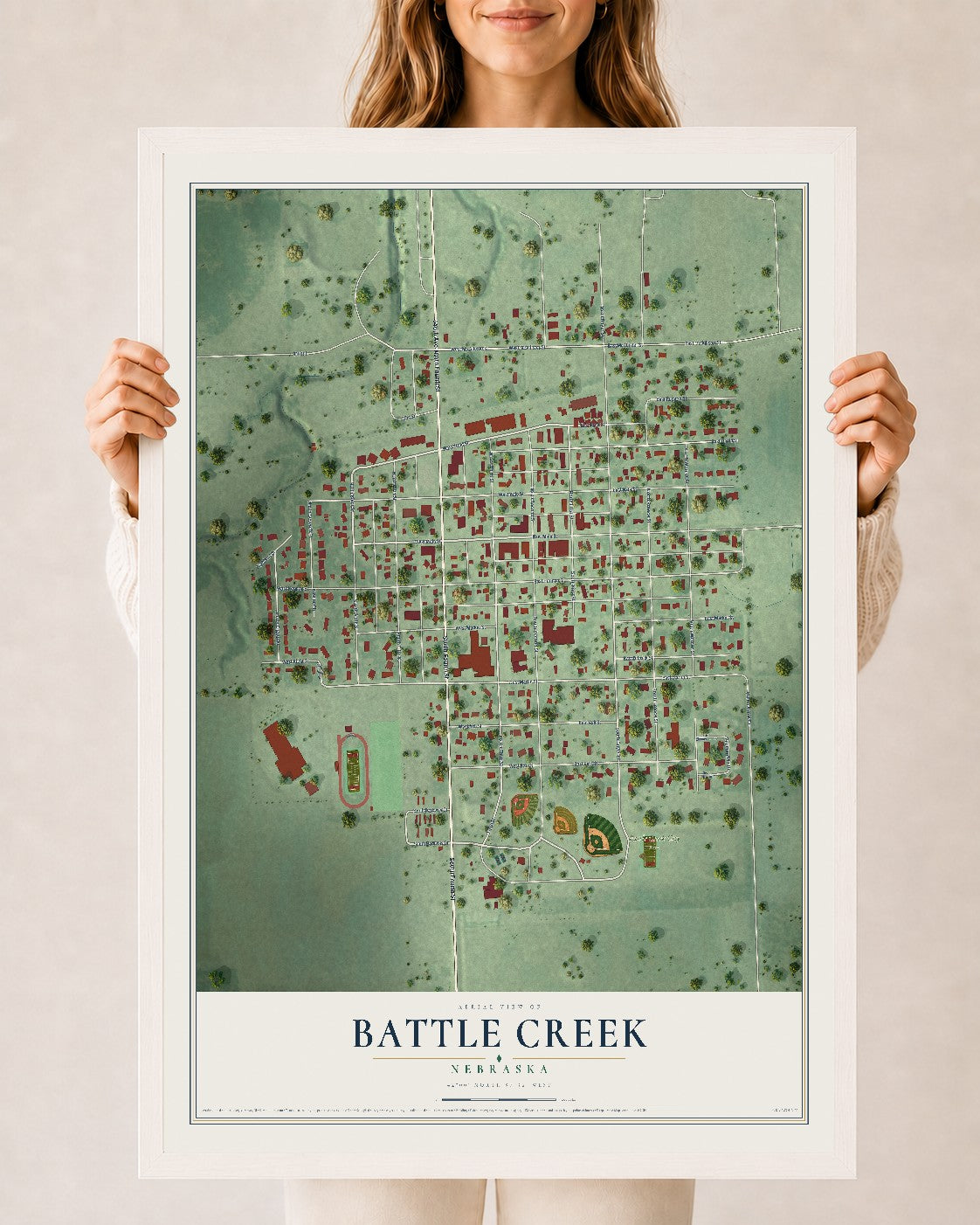 Map of Battle Creek, Nebraska, 24 x 36 inch print in a white wood frame
