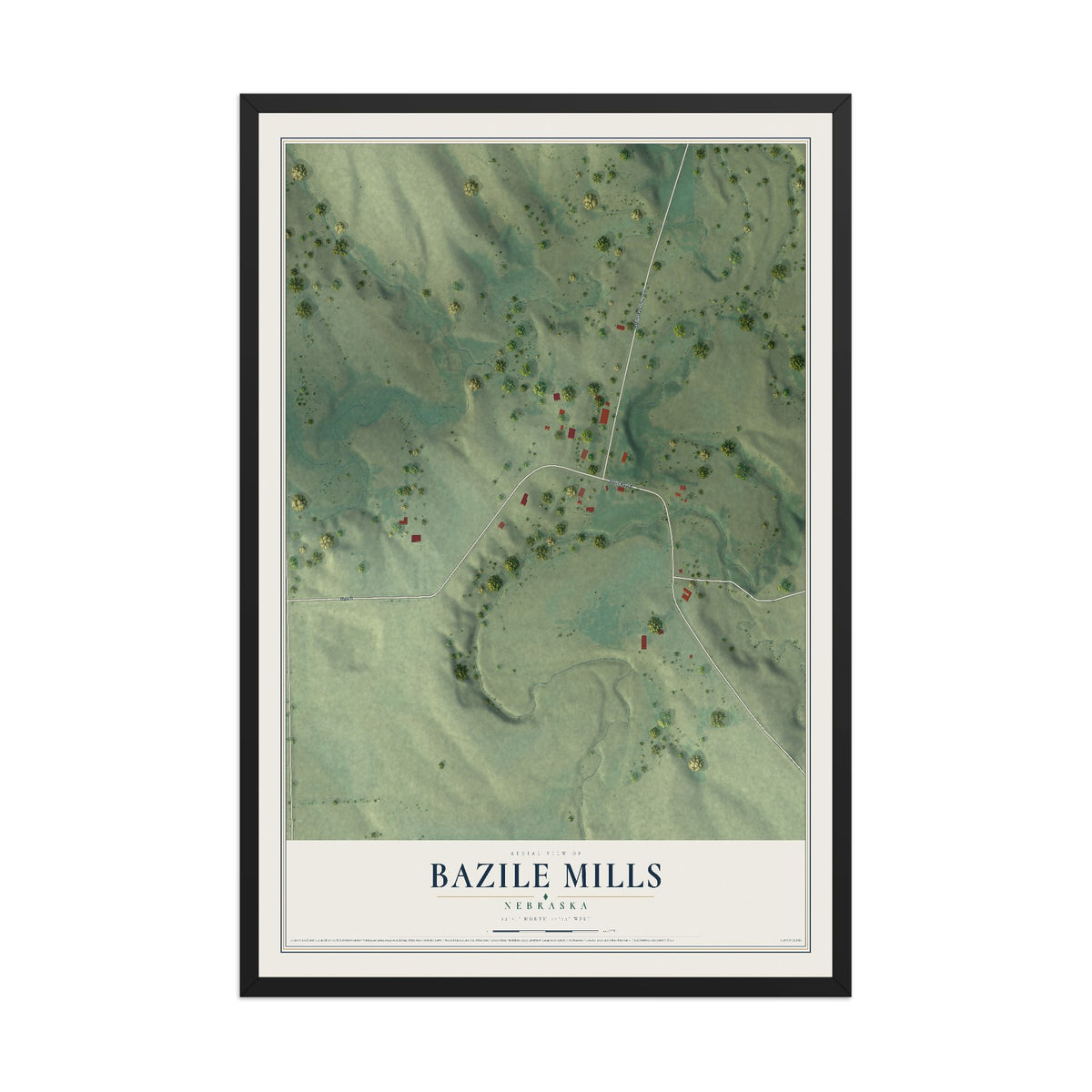 Map of Bazile Mills, Nebraska, 12 x 18 inch print in a black wood frame