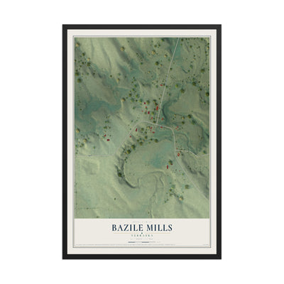 Map of Bazile Mills, Nebraska, 12 x 18 inch print in a black wood frame