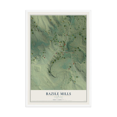 Map of Bazile Mills, Nebraska, 12 x 18 inch print in a white wood frame