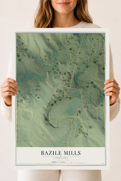 Map of Bazile Mills, Nebraska, 18 x 24 inch unframed archival matte print