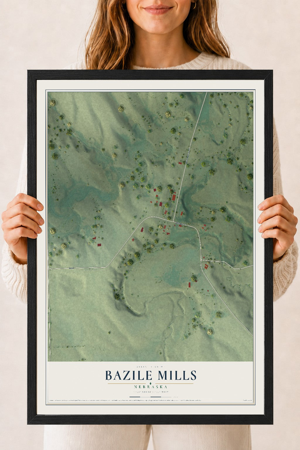 Map of Bazile Mills, Nebraska, 18 x 24 inch print in a black wood frame