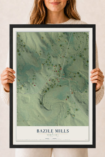 Map of Bazile Mills, Nebraska, 18 x 24 inch print in a black wood frame
