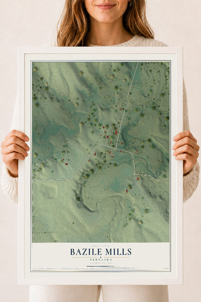 Map of Bazile Mills, Nebraska, 18 x 24 inch print in a white wood frame