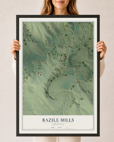 Map of Bazile Mills, Nebraska, 24 x 36 inch print in a black wood frame