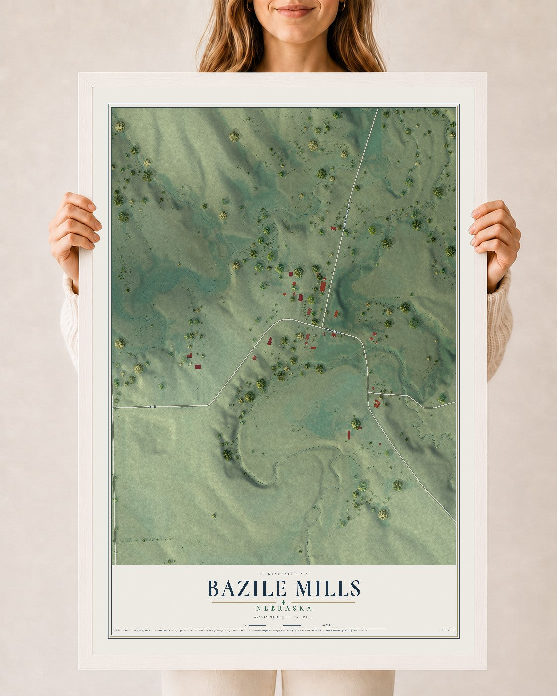 Map of Bazile Mills, Nebraska, 24 x 36 inch print in a white wood frame