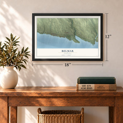 Belmar, Nebraska map, 12 x 18 inch print in a black frame in an entryway