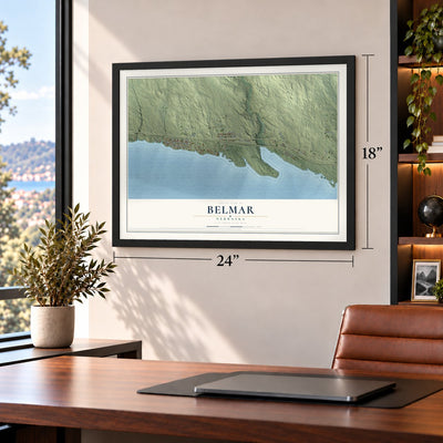 Belmar, Nebraska map, 18 x 24 inch print in a black frame in a home office