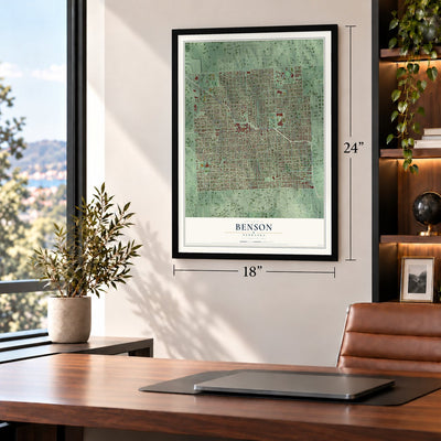 Benson, Nebraska map, 18 x 24 inch print in a black frame in a home office