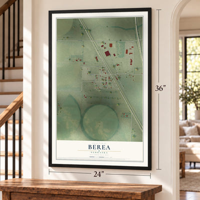 Berea, Nebraska map, 24 x 36 inch print in a black frame by a staircase