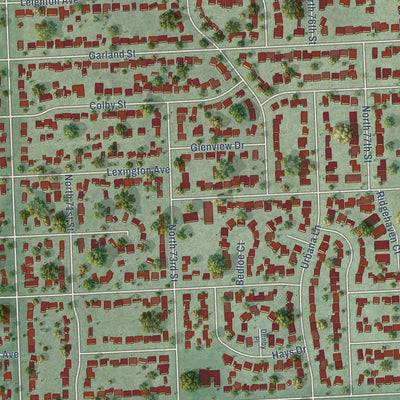 Close-up of the map of Bethany, Nebraska print showing street and building detail