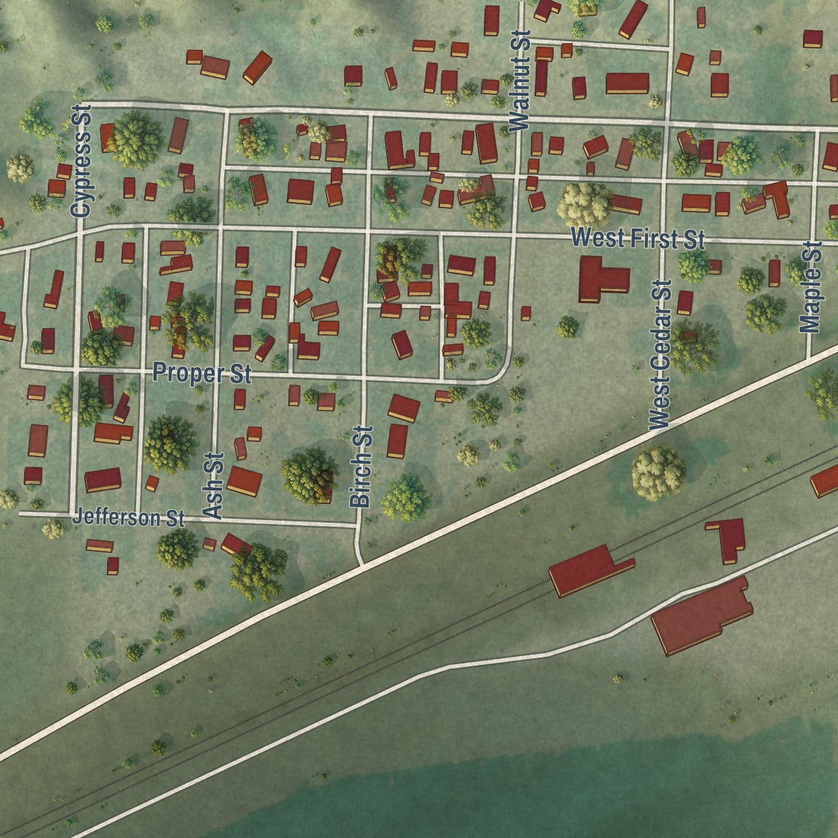 Close-up of the map of Big Springs, Nebraska print showing street and building detail