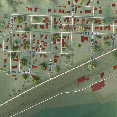 Close-up of the map of Big Springs, Nebraska print showing street and building detail