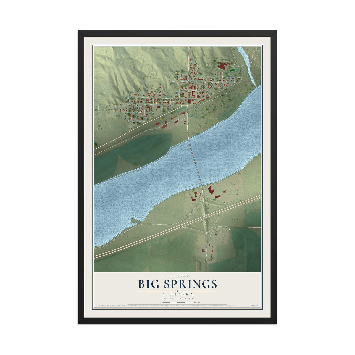 Map of Big Springs, Nebraska, 12 x 18 inch print in a black wood frame