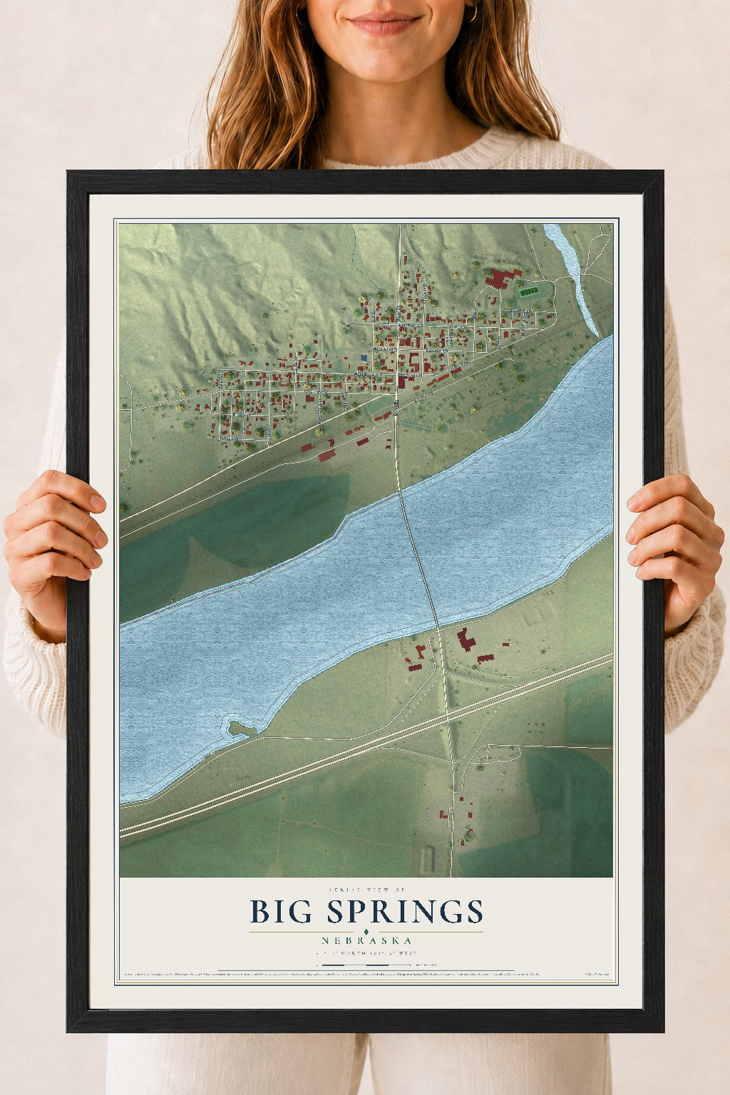 Map of Big Springs, Nebraska, 18 x 24 inch print in a black wood frame