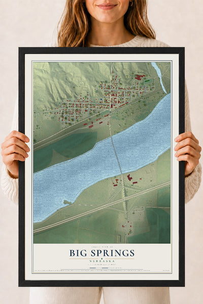 Map of Big Springs, Nebraska, 18 x 24 inch print in a black wood frame