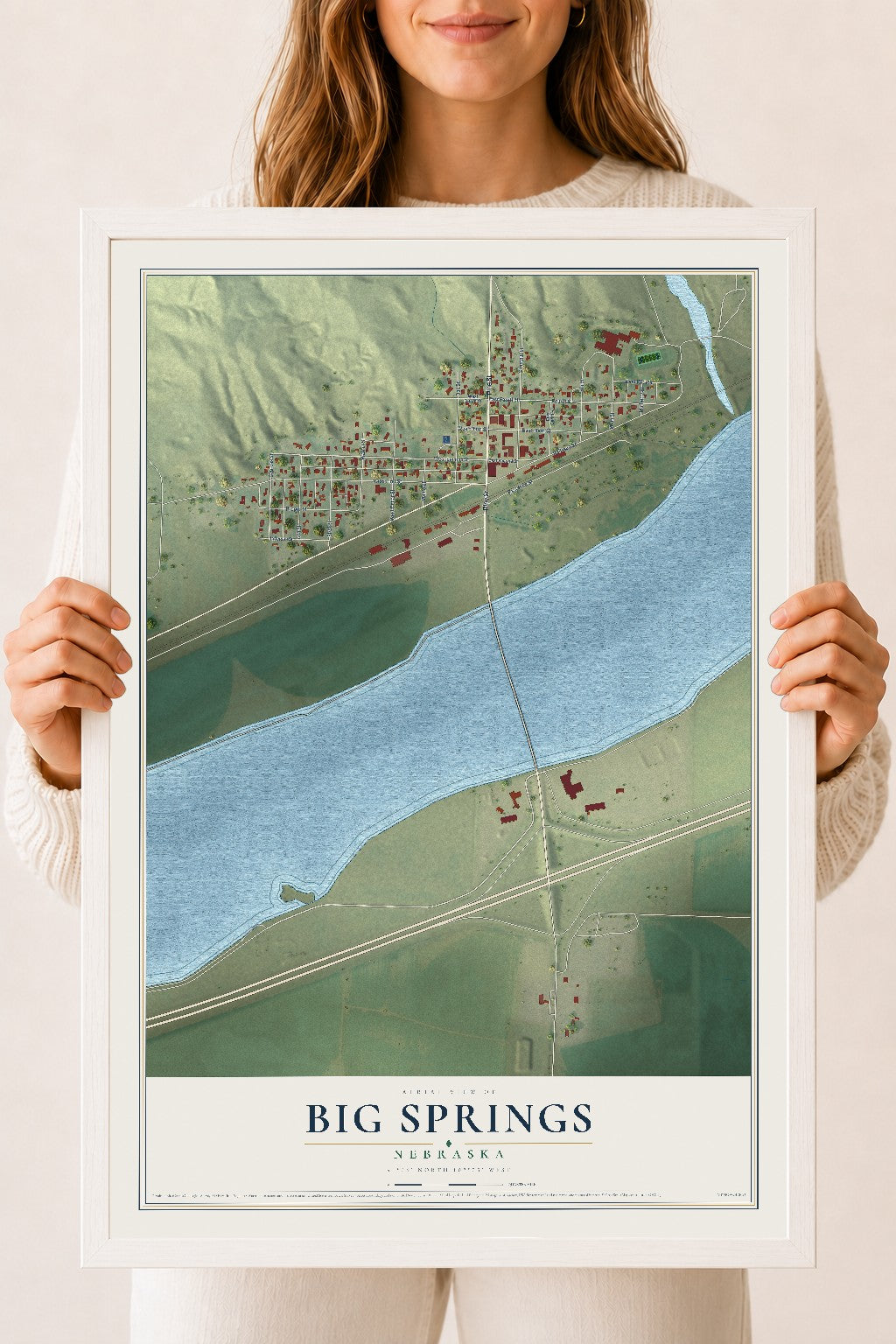 Map of Big Springs, Nebraska, 18 x 24 inch print in a white wood frame