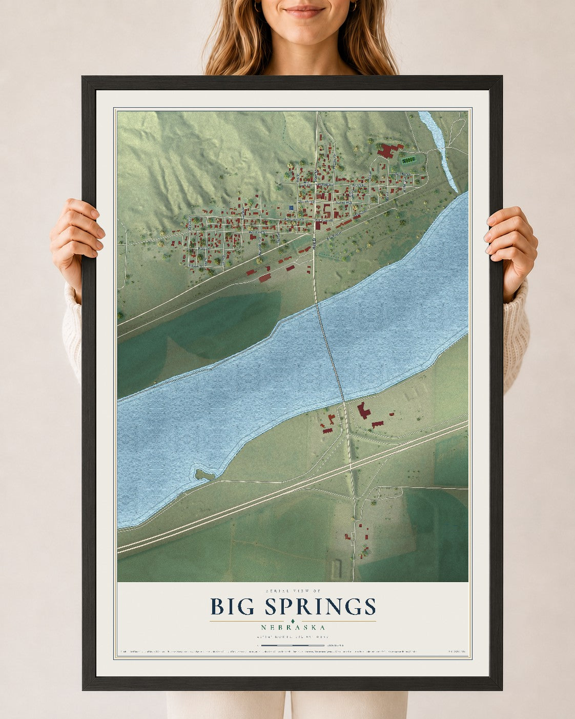 Map of Big Springs, Nebraska, 24 x 36 inch print in a black wood frame