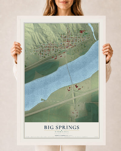 Map of Big Springs, Nebraska, 24 x 36 inch print in a white wood frame