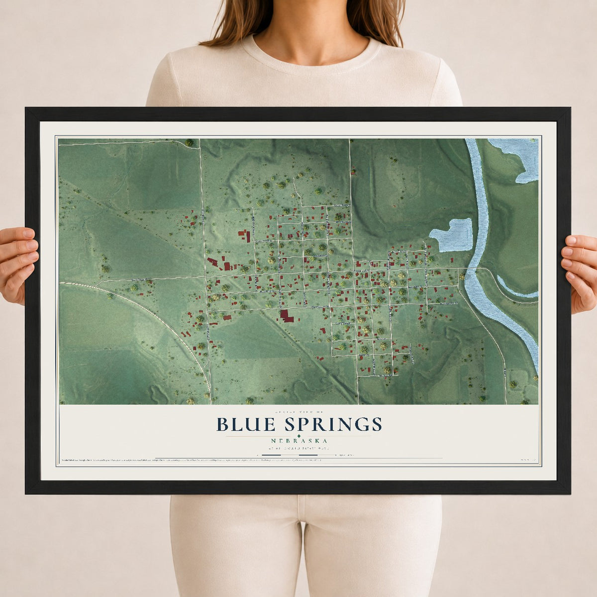 Map of Blue Springs, Nebraska, 18 x 24 inch print in a black wood frame