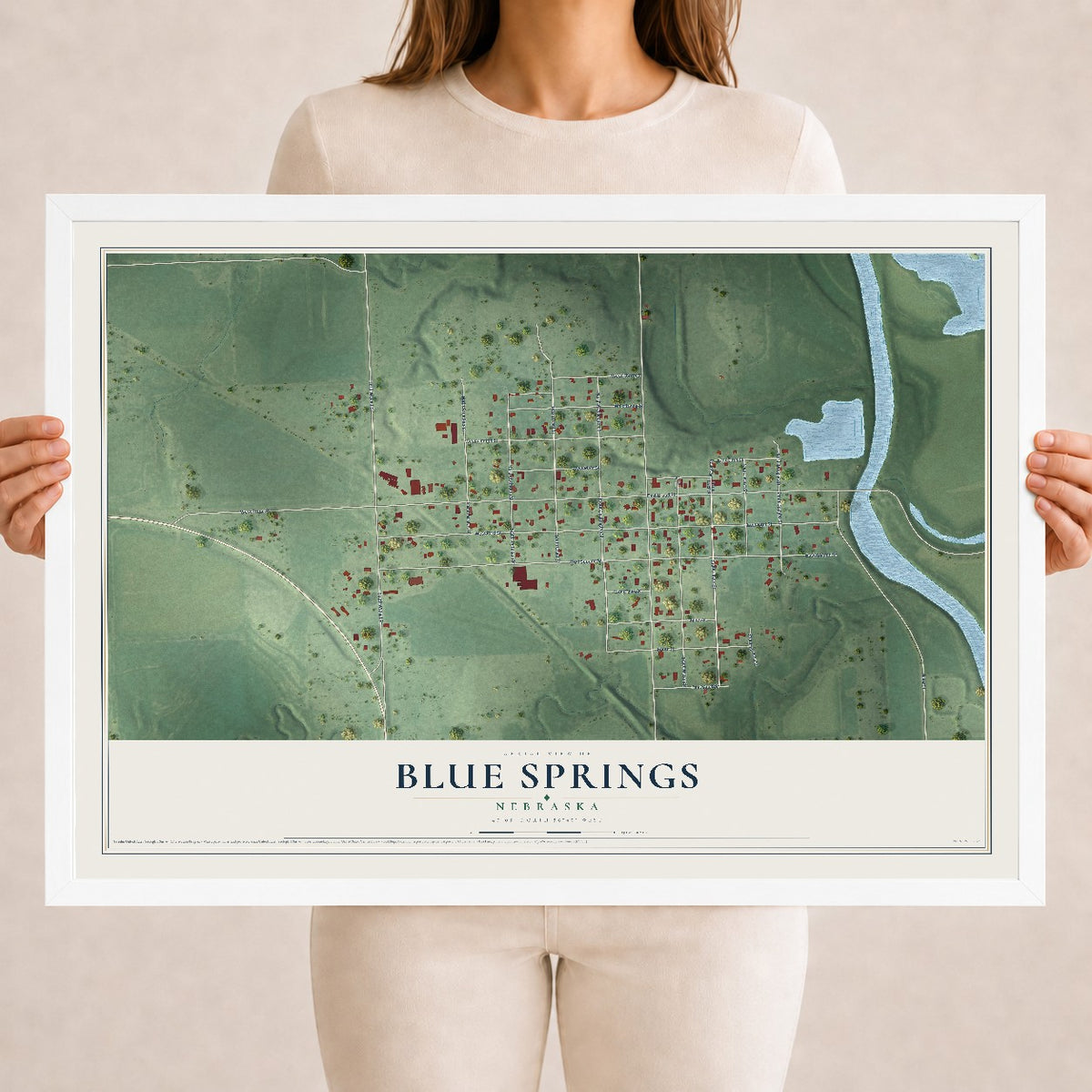 Map of Blue Springs, Nebraska, 18 x 24 inch print in a white wood frame
