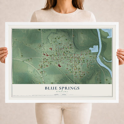 Map of Blue Springs, Nebraska, 18 x 24 inch print in a white wood frame