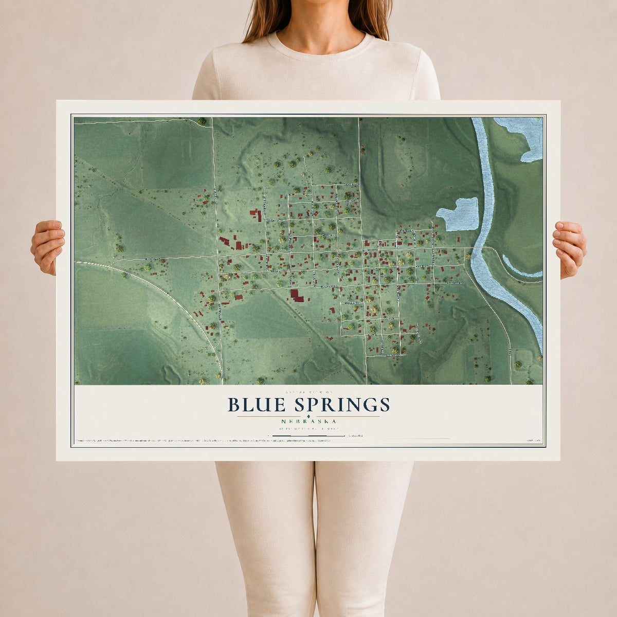 Map of Blue Springs, Nebraska, 24 x 36 inch unframed archival matte print